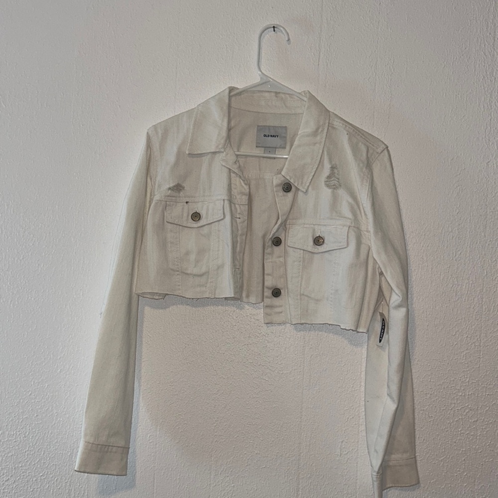 White crop top, Jean jacket size large Old Navy with tags